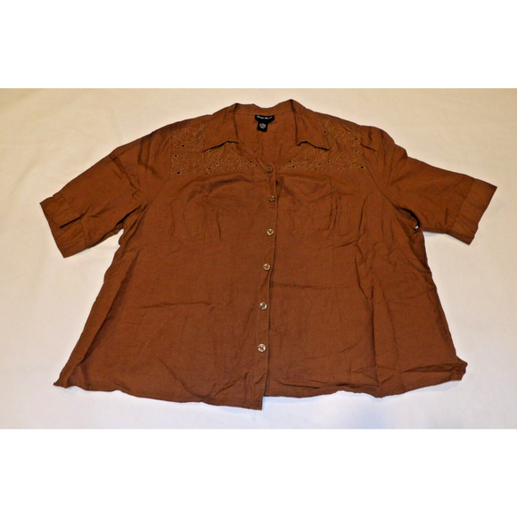Maggie Barnes 3X 26/28 Shirt Blouse Top Linen Brown Button Up Casual Embroidered - Picture 2 of 11